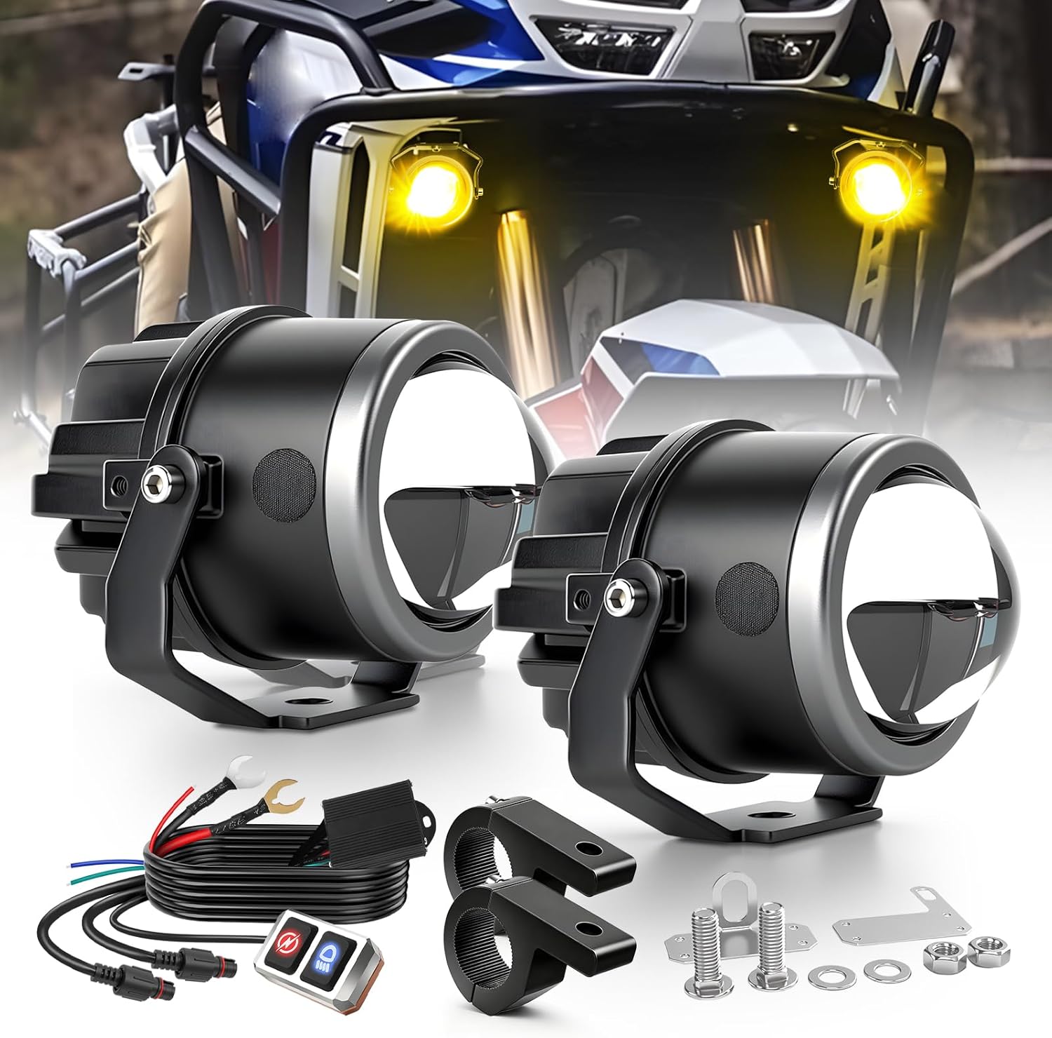 3Inch LED Motorcycle Fog Lights 12V 38000LM 6 Modes White/Amber Strobe Motorcycle Driving Auxiliary Offroad Light LED Spotlight with Wiring Harness
