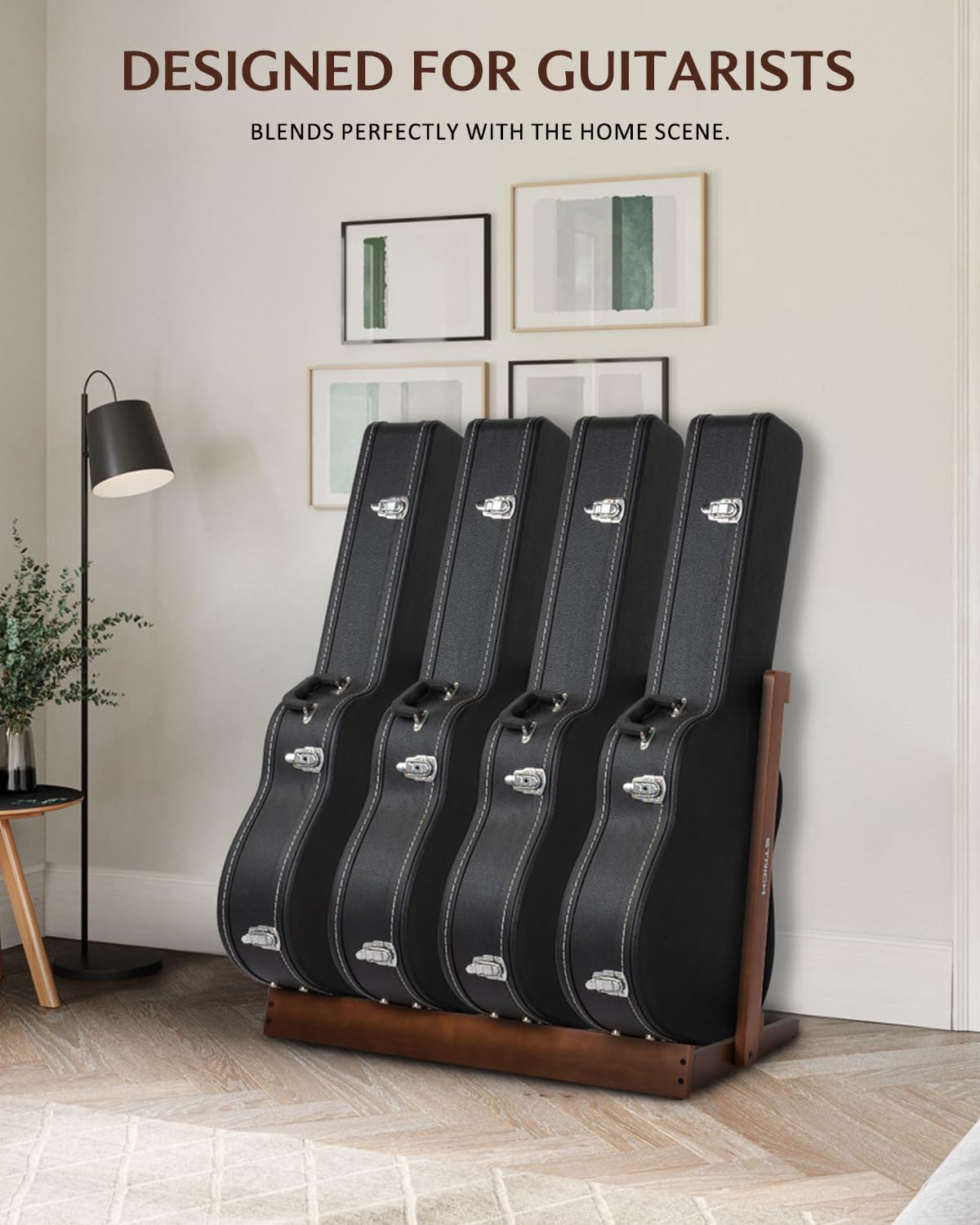 STRICH Guitar Case Stand, Multi-Instrument Hardwood Rack for Hardshell Cases, Foldable & Space-Saving Storage for Home Studio, Dark Walnut Grain Finish SMT-20C