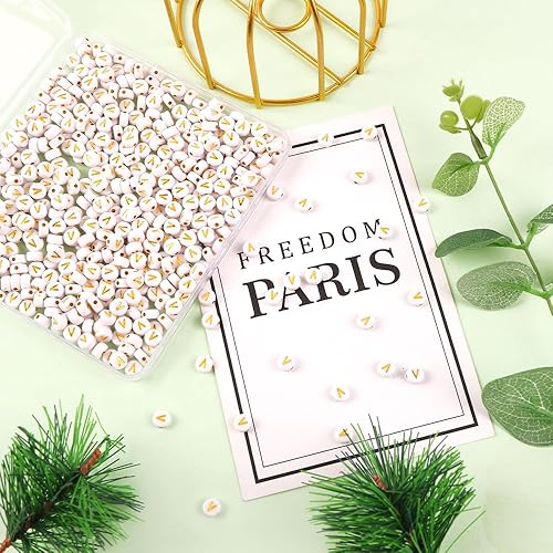 Miniatura 10 de 500 cuentas del alfabeto redondas de 0.157 x 0.27 pulgadas (0.157 x 0.276 in), cuentas de letras blancas doradas para pulseras, fabricación de