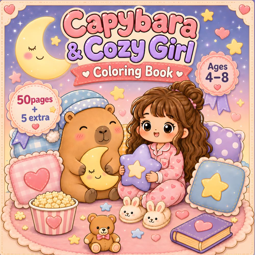 Capybara & Cozy Girl Coloring Book: Cute Kawaii Capybara, Cozy Girl, Cottagecore & Relaxing Coloring Pages for Kids Ages 4-8