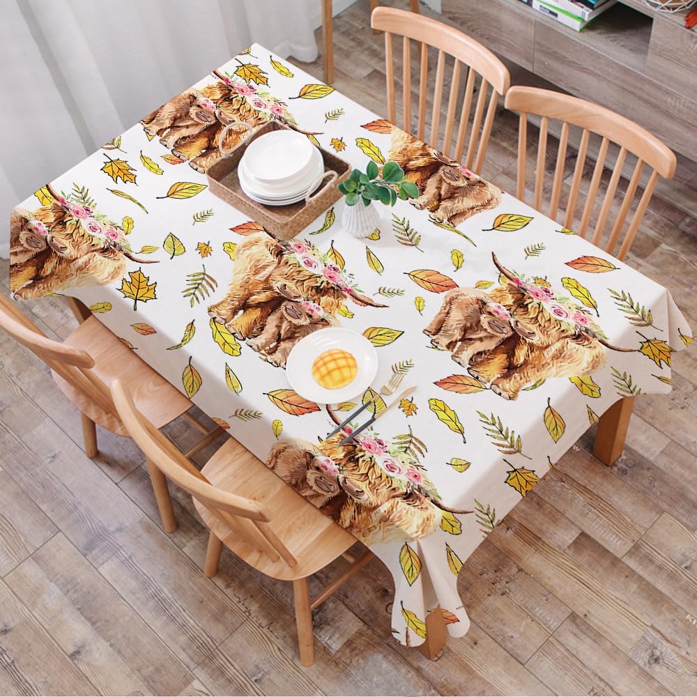 DALEXHM Table Cloth Wipe Clean Rectangular, wipeable tablecloths,Dining Table Cover for Kitchen Outdoor Garden Table,animal，A highland cow with flower crown decoration, repeat design with au,54x72 in