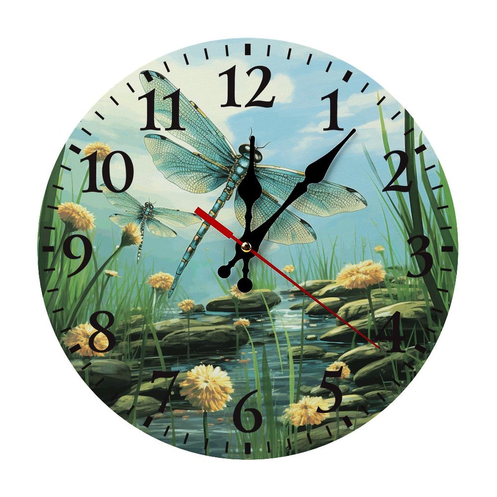 QMNLKH Dragonflies in Flight Wall Clock for Home, Battery Operated Clock for Hotel, Round Wall Clock with Arabic Numerals Black, Easy to Read, Non-Ticking Clocks for Living Room 25 * 25cm
