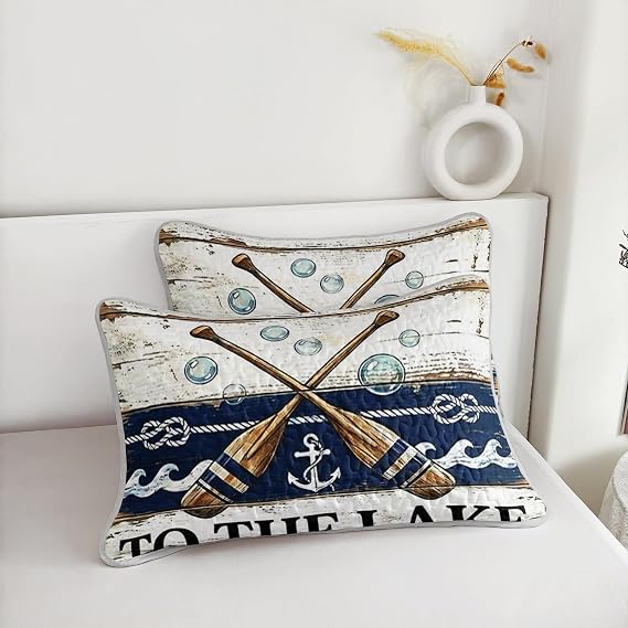 3 Pieces Nautical Queen Quilt Set,Reversible Microfiber Retro Paddle Anchor Beddding Sets,Summer Beddding Soft and Lightweight Bedspread with 2 Pillowcases.