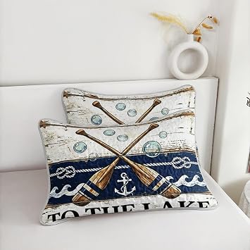 3 Pieces Nautical Queen Quilt Set,Reversible Microfiber Retro Paddle Anchor Beddding Sets,Summer Beddding Soft and Lightweight Bedspread with 2 Pillowcases.