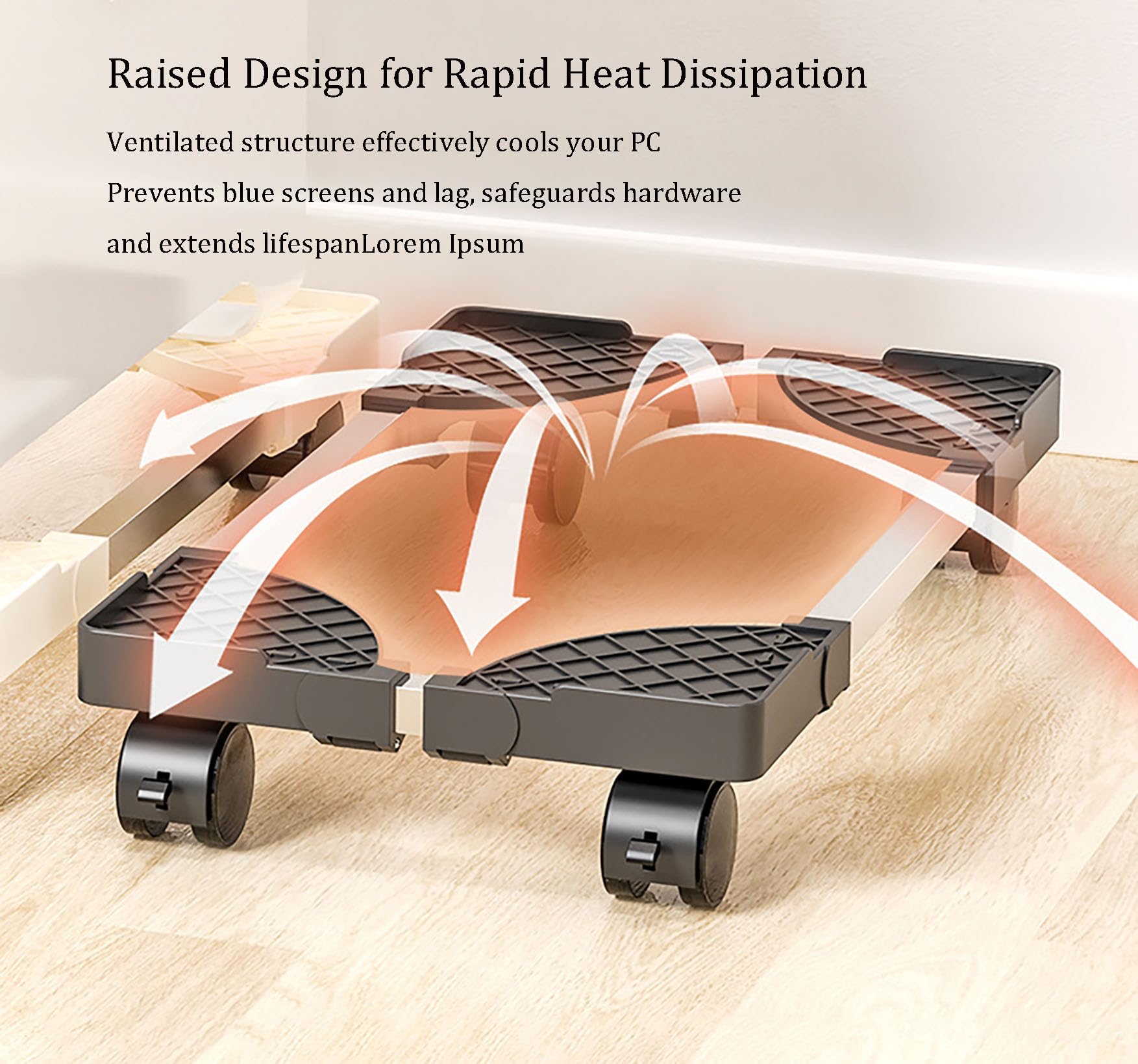 Soporte giratorio de 360° para CPU, soporte de torre para computadora móvil con protección de riel de protección, plástico ABS y metal, altura ajustable, diseño ventilado, montaje en suelo con ruedas