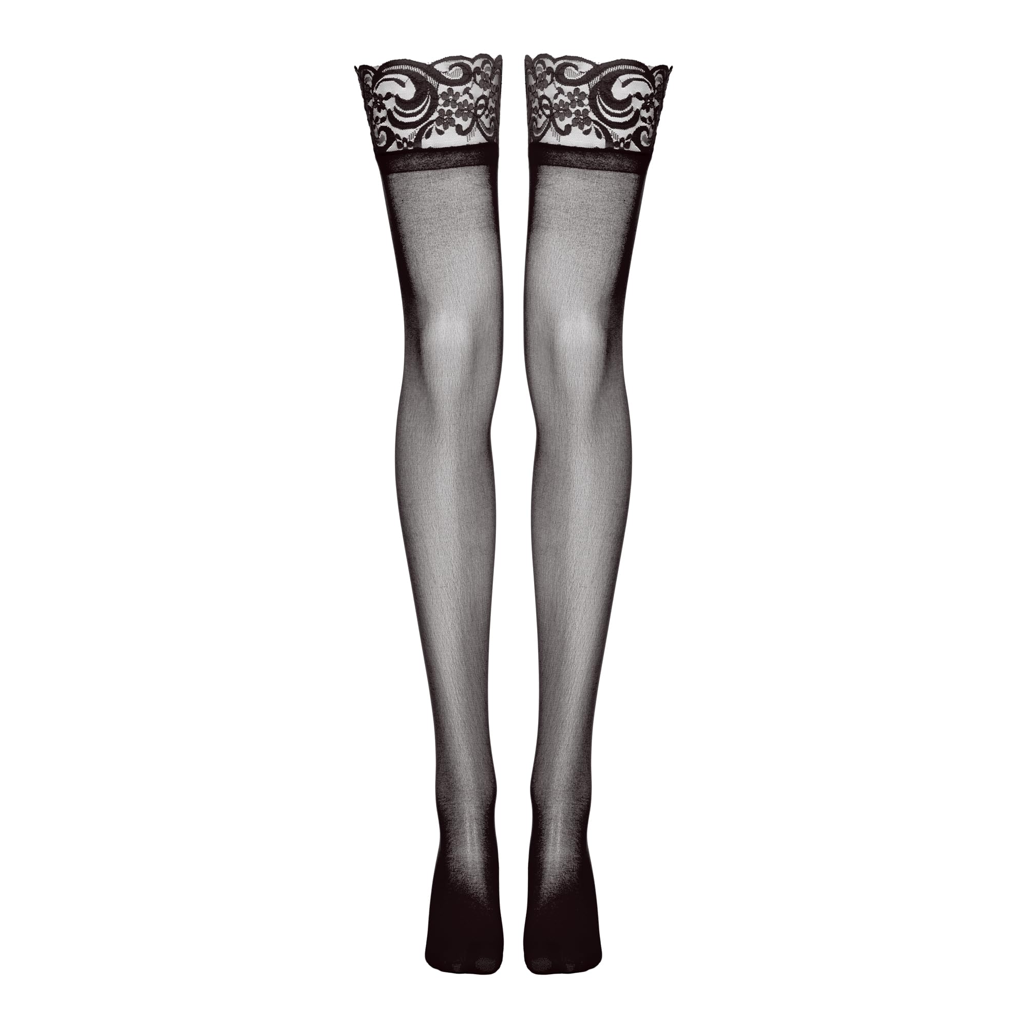 Lovehoney Lingerie Women's Black Sheer Plus Size Hold Up Stockings - Soft Nylon with Floral Lace Tops and Silicone Strips - One Size Plus: 18-22