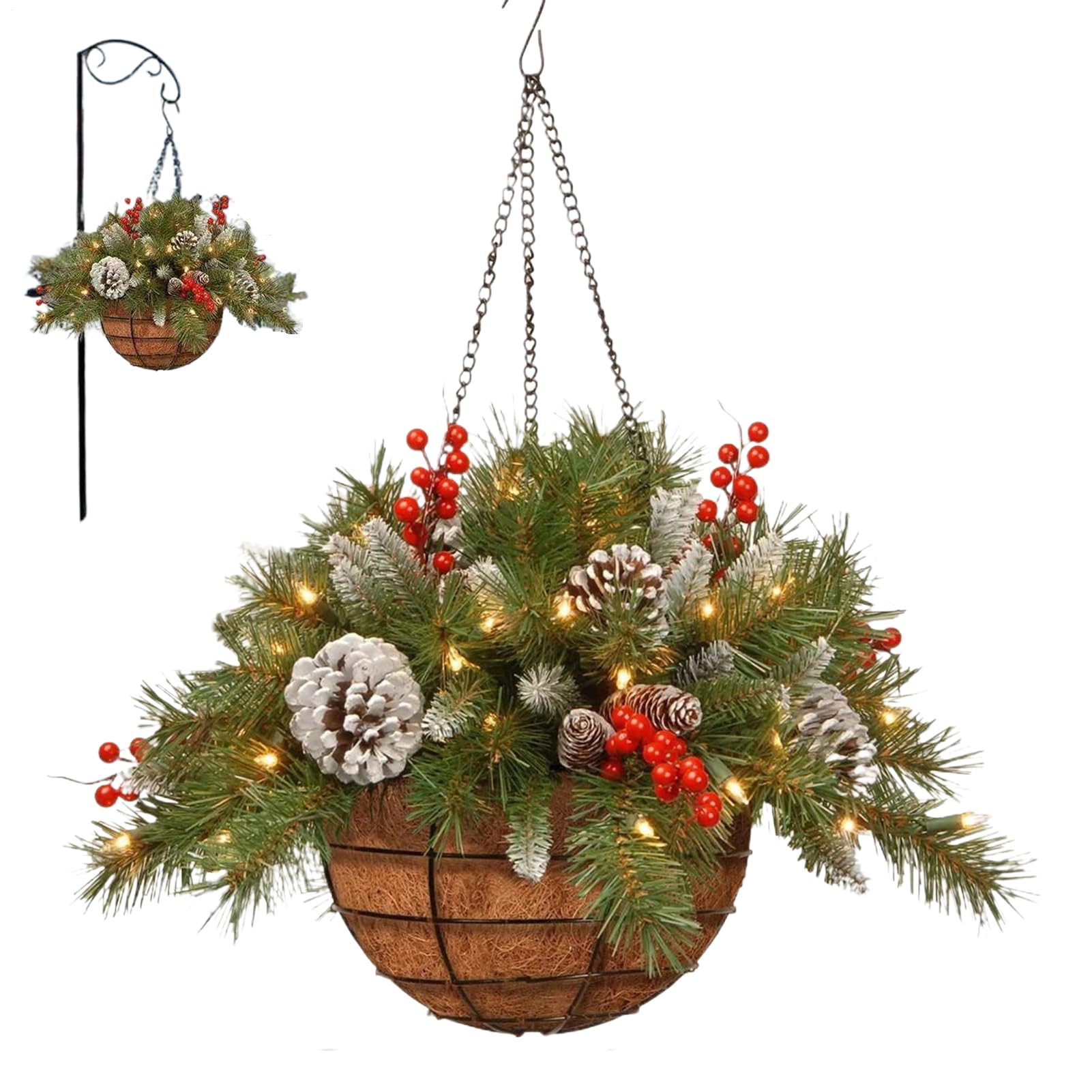Panier à suspendre avec pommes de pin et baies, décoration de porche de Noël extérieur