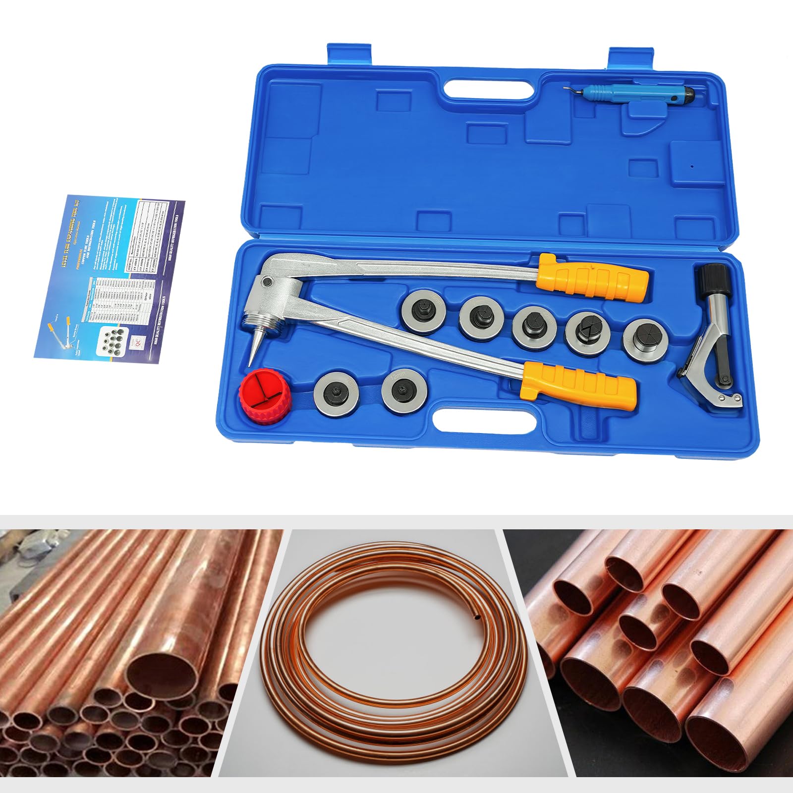 Zestaw szczypiec do rur rozprężnych 4-28 mm, 7 głowic miedzianych aluminiowych + narzędzie zaciskania skrzynek, niebieskie Niezbędny do ciężkich zastosowań
