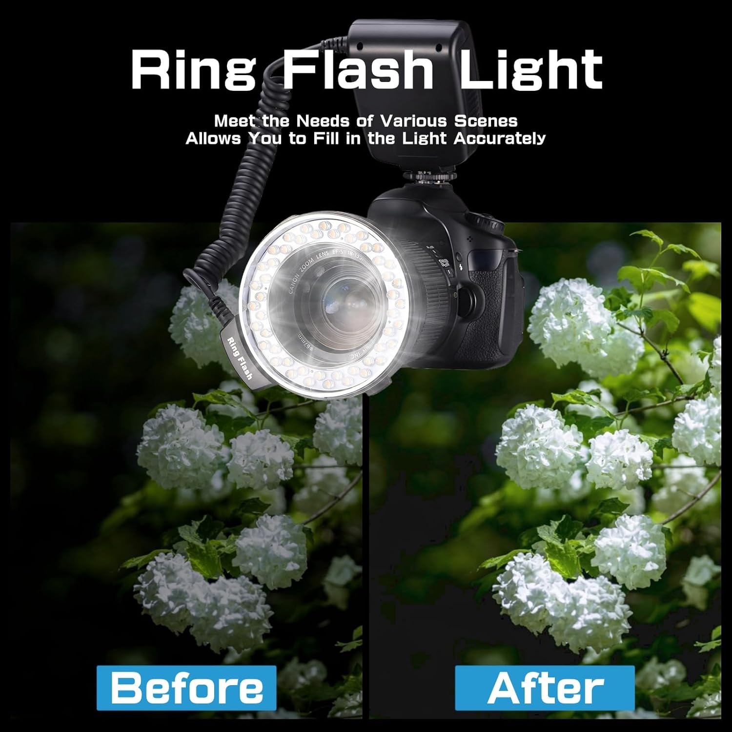 Macro LED Ring Flash, 48pcs LED Beads, 3 Color Diffuser, 9 Adapter Rings, 7 Brightness, 4 Modes, Camera Lens Flash for Fuji Pentax and Other DSLR Cameras