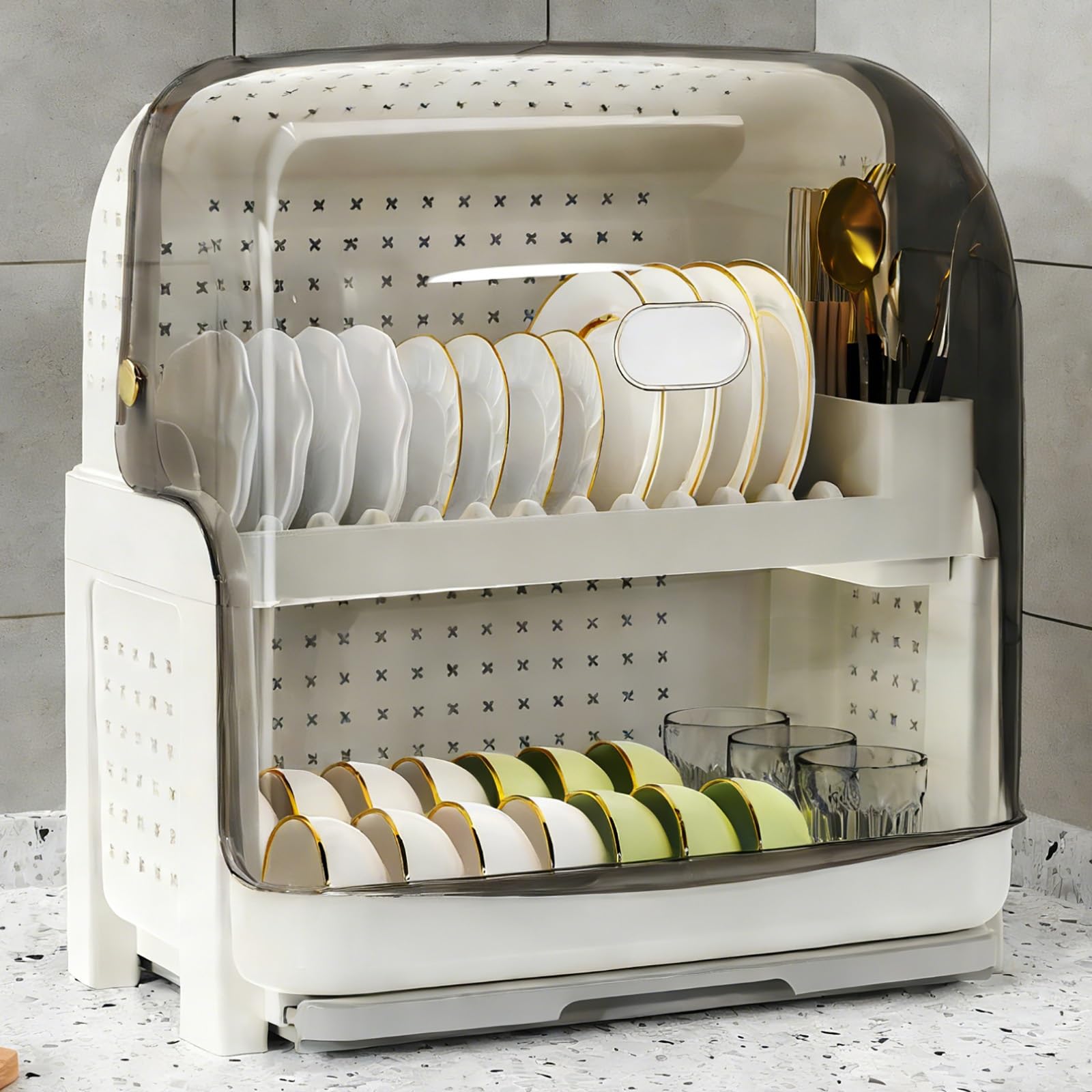 Egoutoire Vaisselle Cuisine, 2 Niveaux en Plastique, Egouttoir Vaisselle sur Evier avec Couvercle Rabattable Transparent et Compartiments de Rangement(Black)