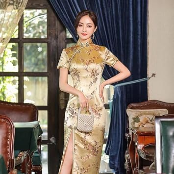 REDBMX Elegant Brocade Satin Long Fork Cheongsam Chinese Classic Women Qipao Short Sleeve Wedding Evening Party Dress