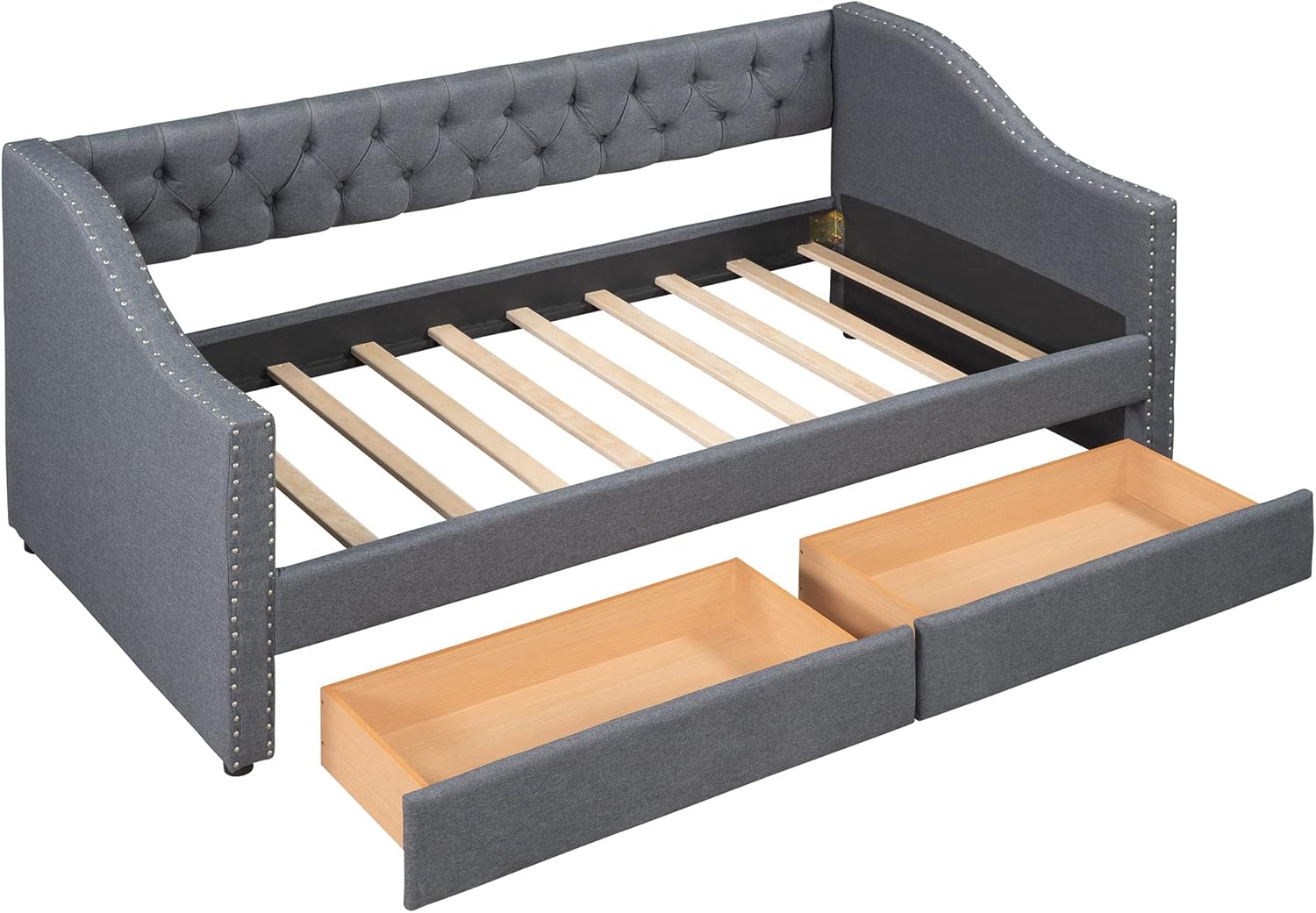 SOFTSEA Twin Size Daybed with Drawers, Upholstered Daybed with Tufted Backrest, Linen Fabric Sofa Bed with Wood Slats Support for Bedroom, Living Room, Guest Room, Gray