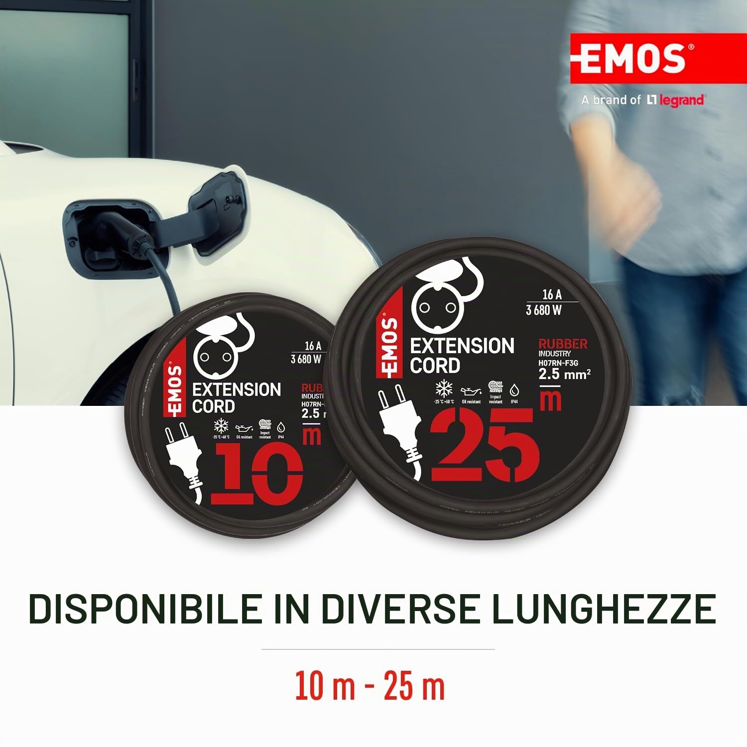 EMOS Prolunga 25 m Schuko Cavo di prolunga in gomma per esterni (IP44), H07RN-F3G 2,5 mm2