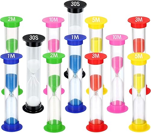 Miniatura 9 de Temporizador de arena para niños, juego de 8 pequeños relojes coloridos de cristal acrílico cubierto de 30 segundos, 1 minuto, 2 minutos, 3 minutos,