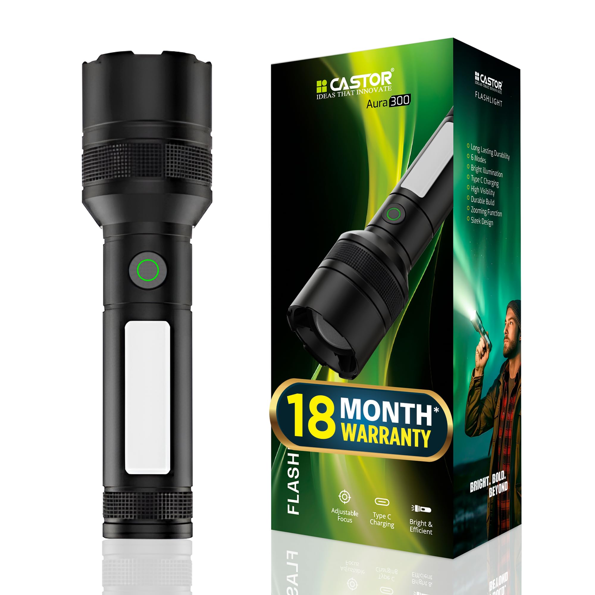 IBELL Castor AURA300 Rechargeable Torch Light High Power, 6 Light Modes, Telescopic Zoom, Type C Charging, LED Flashlight, Super Bright & Long Distance Range, for Home, Outdoor & Emergency Use (Black)