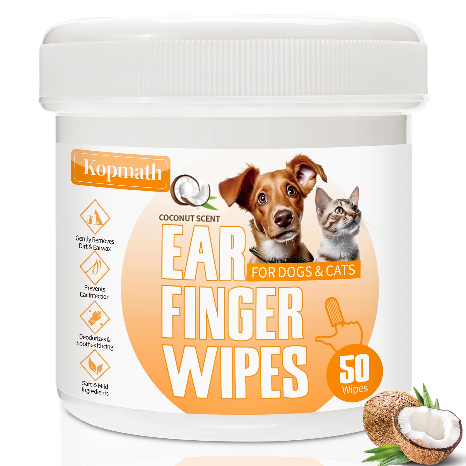 Dog Ear Wipes, Ear Cleaner Finger Wipes for Dogs & Cats, Gently Remove Earwax & Odor, Soothe Ear Itching and Infection, Easy to Use, Natural Cat Ear Wipes for Dogs, 50 Count, Coconut Scent