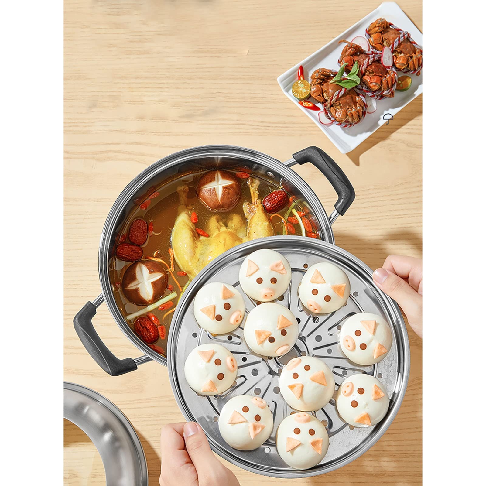 Dampfgarer/Suppentopf/Hot Pot/Lebensmittelkontakt-Edelstahl 304, 3-lagiger Verbundtopfboden, gedämpfte Krabben, Hühnersuppe, 24 cm