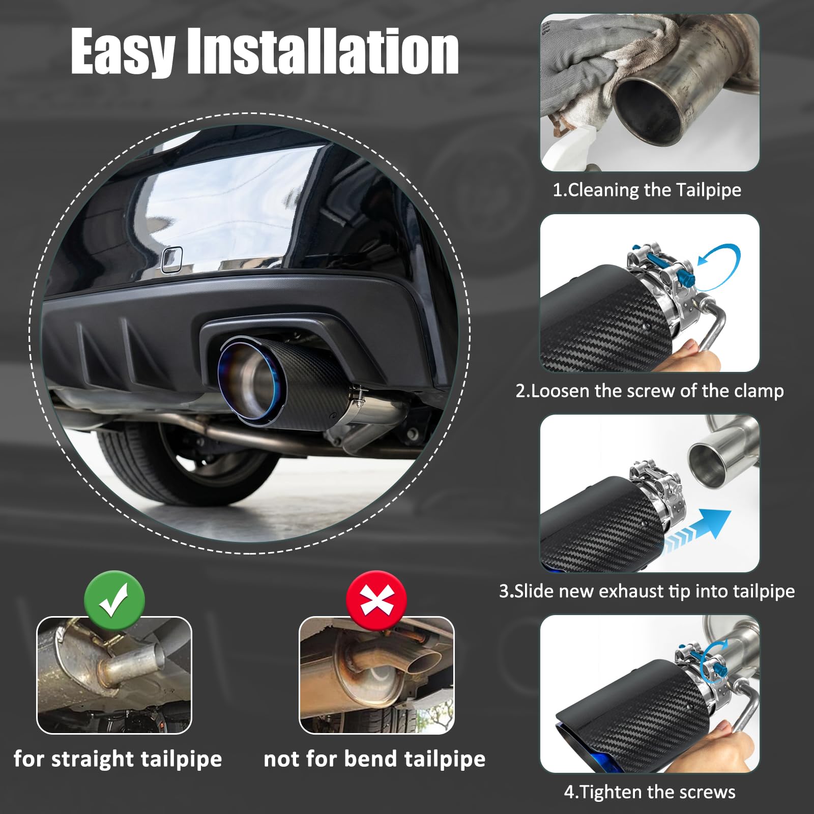 Catekro 63mm Cola de Escape Coche, Embellecedor Acero Inoxidable para Tubo de Escape 2,36" Punta de Escape Exterior Instalación con Pernos y Llave Incluida (Azul Negro Pulido)