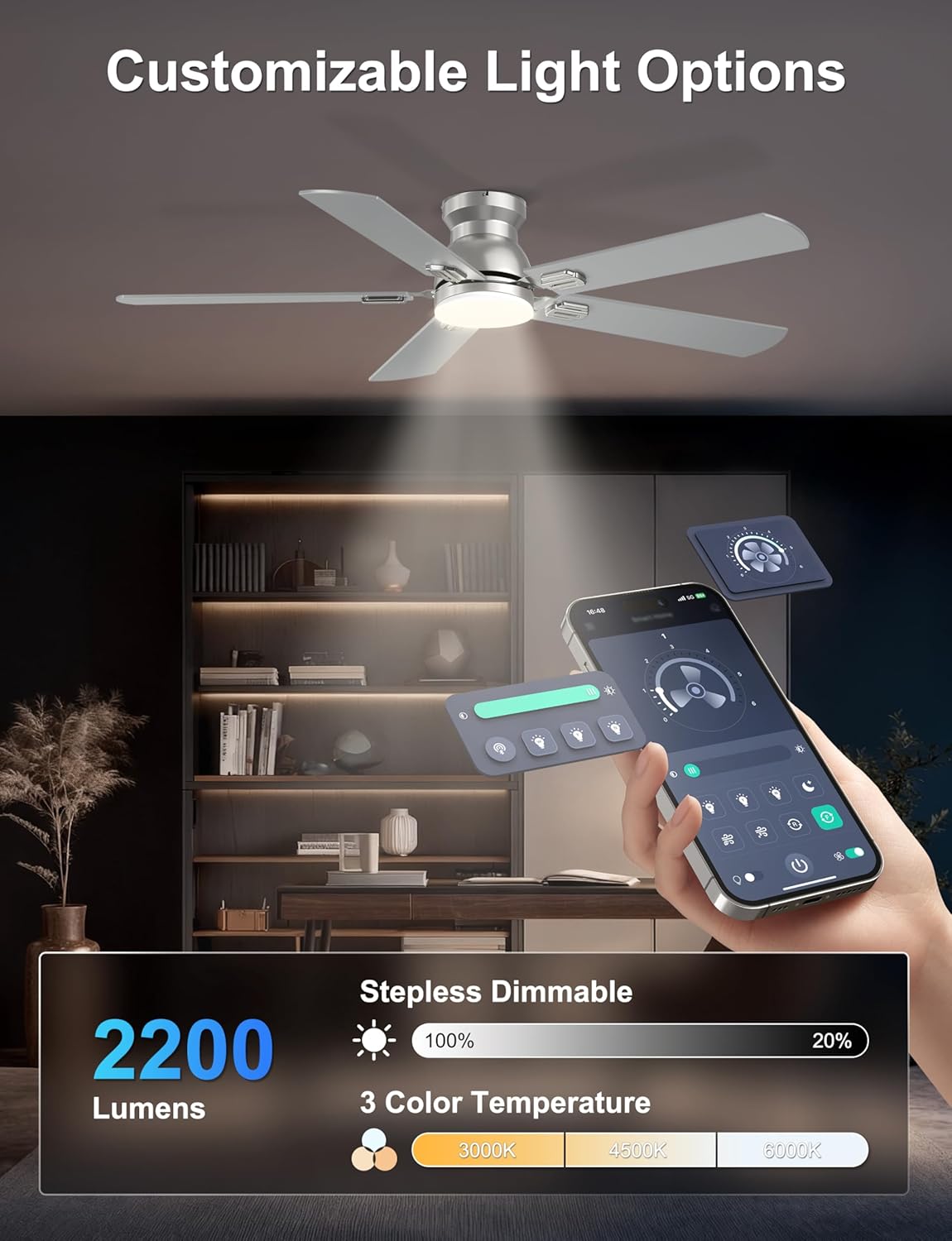 52'' Flush Mount Ceiling Fan with Lights, Silver Low Profile Ceiling Fan for Low Ceilings, Quiet Modern Ceiling Fan for Living Room Bedroom, App & Remote Control