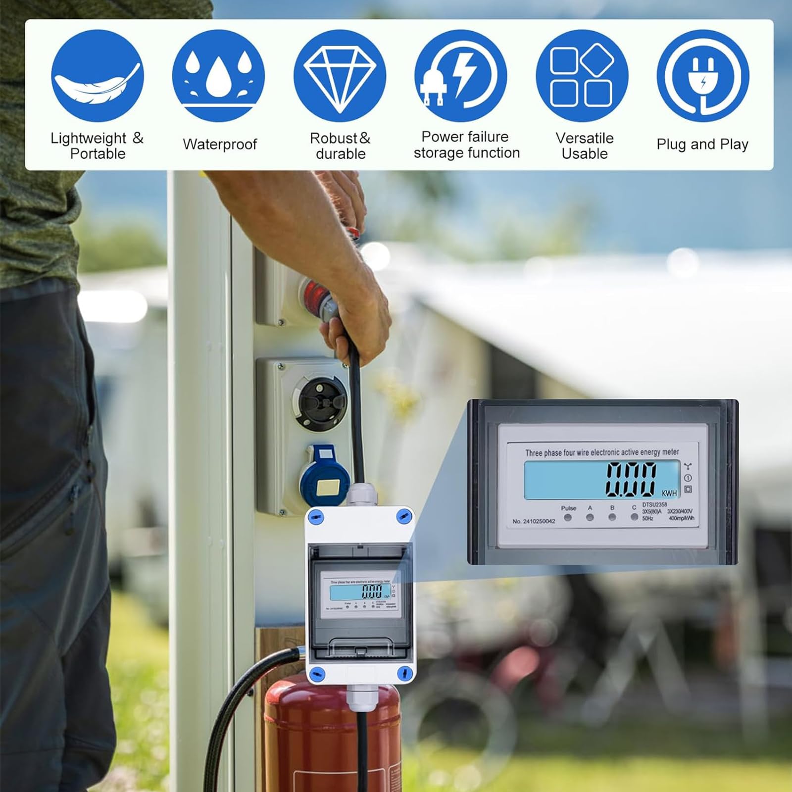 3 Phasen Mobiler Digitaler Stromzähler mit CEE Stecker und Kupplung,Industriestecker LED-Stromzähler für Wohnwagen,Elektrofahrzeuge,Camping