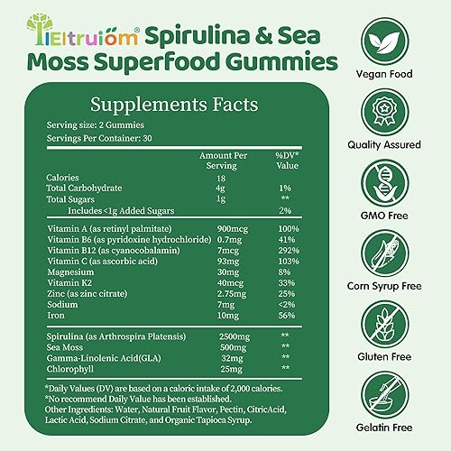 Miniatura 2 de Gomitas de Clorella de espirulina azul orgánica, 13 en 1 Super Greens & Superfoods, espirulina de 2500 mg de energía diaria mejorada con musgo