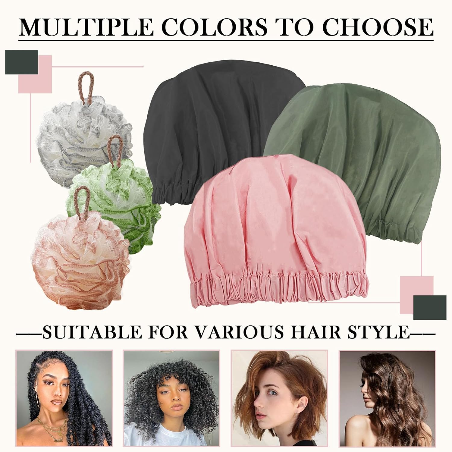 Reusable Shower Caps for Women Waterproof – Extra Large Washable Elastic Band Bath Hair Hat,Waterproof Shower Bonnet for Long Hair Braids Curly Hair Caps with Bath Sponge Shower Loofahs(Pink)