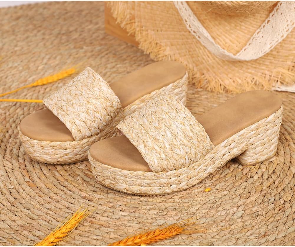 Women's Wedges Slides Sandals Espadrilles Platform Sandals Open Toe Fashion Summer Outdoor Beach Apricot Sandals Size 9 - Image 4