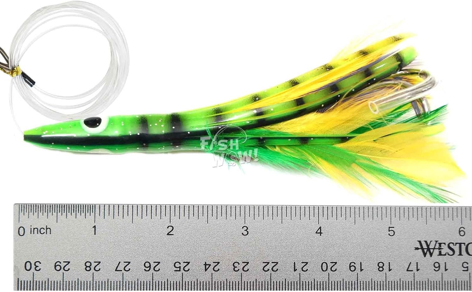 5pcs Fish WOW! 6" Fishing Tuna Clone Feather Rig 6 inch Trolling 3oz Bullet Weighted Head Lure - Yellow Green