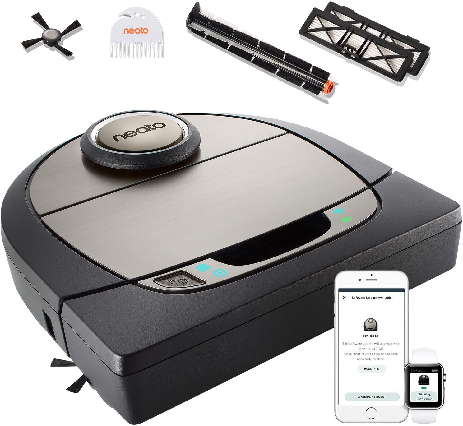 Neato RoboticsD750, Cleaner Premium Pack, Corner Cleaning Robot Vacuum with D-Shape + Exclusive Pet Accessories for Carpet and Hard Floors, App/Alexa Compatible, Silver