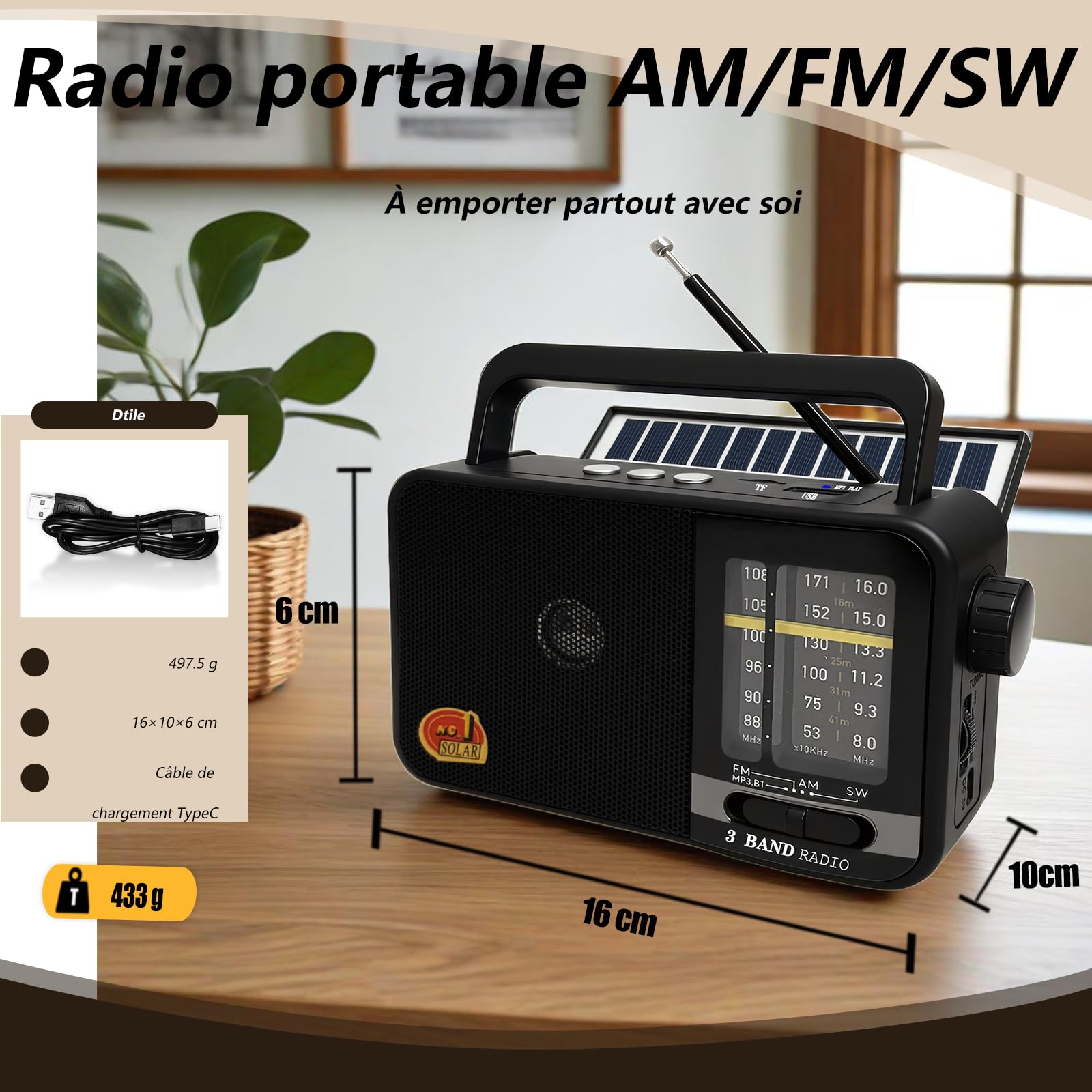 Poste Radio Portable avec Panneau Solaire & Batterie 1200mAh, Récepteur AM/FM/SW avec 8W Haut-Parleur/TWS/USB/TF, Transistor Radio a Pile luetooth pour Camping, Urgences et Extérieures (Noir)