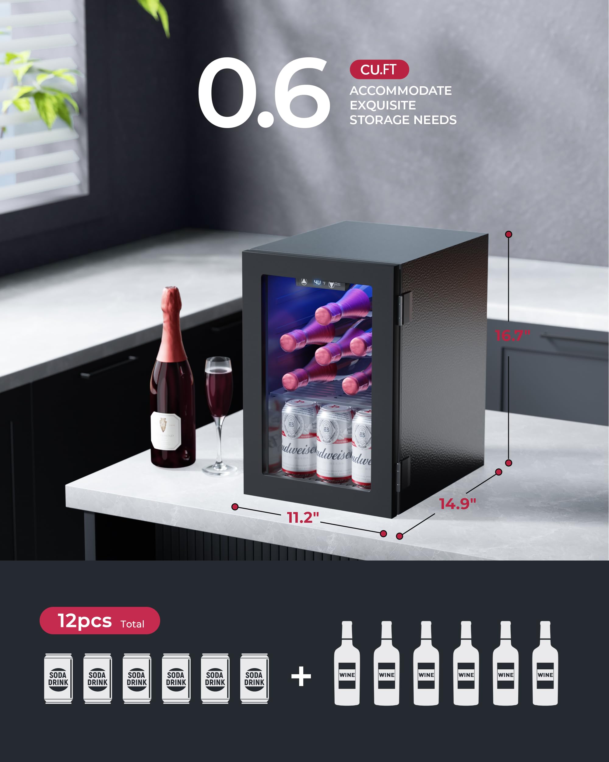 Icyglee 6 Bottles And 6 Cans Compact Beverage Refrigerator, Freestanding Mini Fridge With Temperature Control For Beer Wine, Under Counter Small Refrigerator Adjustable Shelve For Home And Bar on Fridge.com - View 4