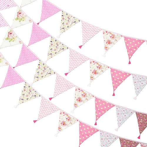 G2PLUS 10.8Ft Cotton Triangle Bunting Banner – 12pcs Pink Floral Fabric Pennant Flag with Tassels, Double Side Triangle Banner Garland for Weddings, Birthdays, Garden & Baby Showers