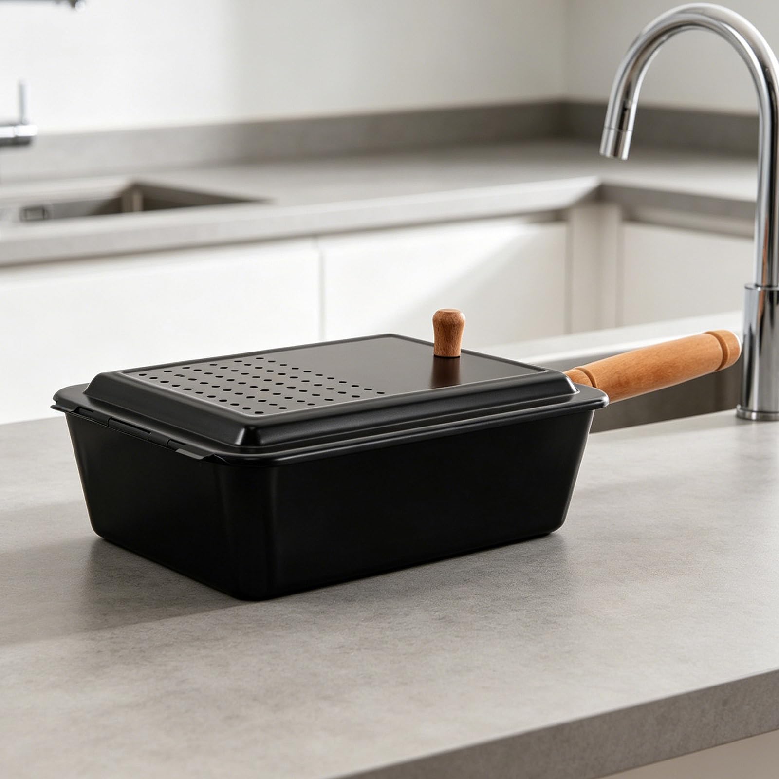 Operitacx Palomitera con tapa ventilada - Sartén para palomitas de maíz de 26,2 x 19,5 x 10 cm con mango de madera - Sartén rectangular pequeña de hierro para cocinar, ideal para noches de cine y