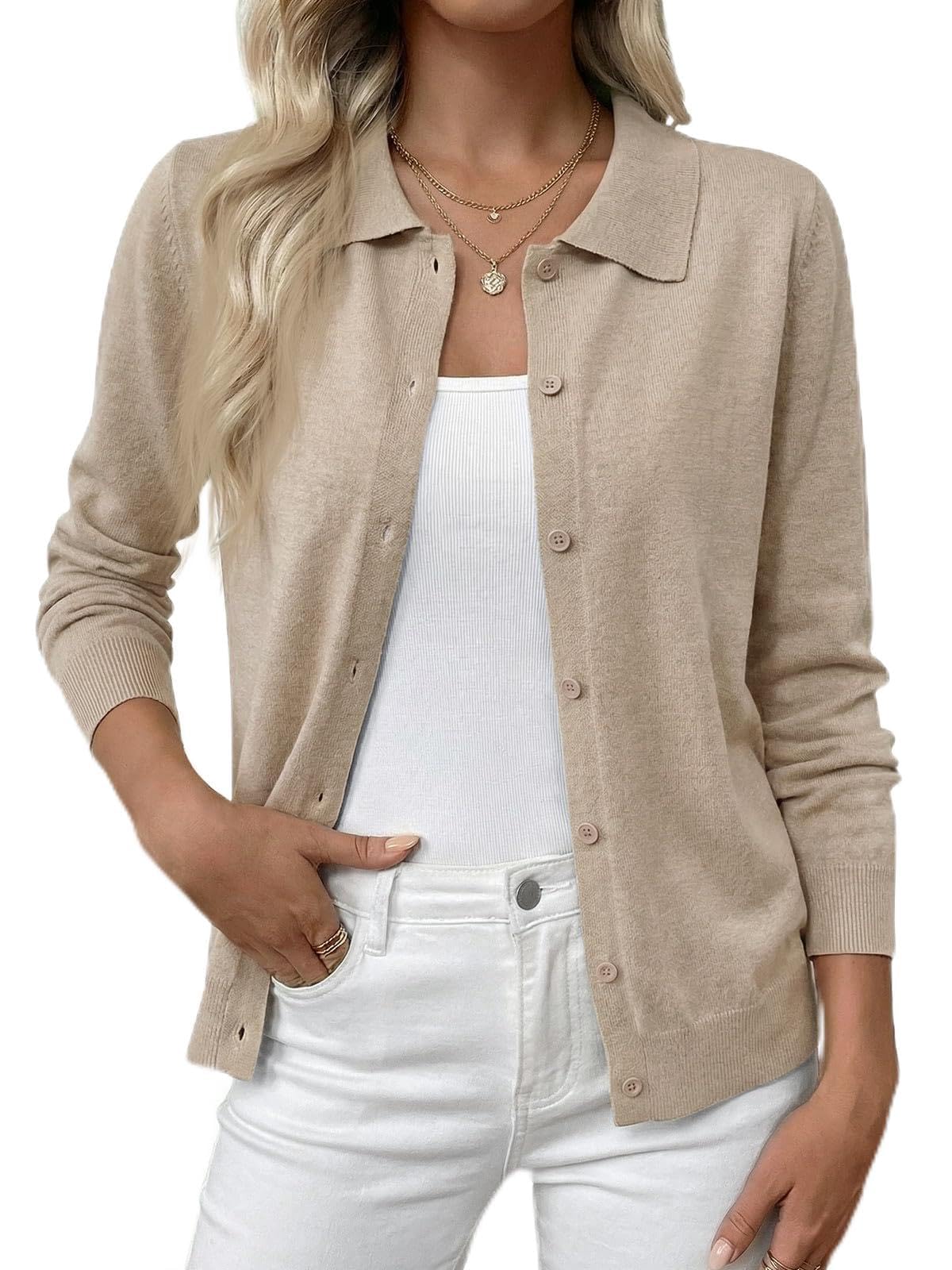 Cicy Bell Strickjacke Damen Kurz Leichte Langarm Cardigan Dünne Elegant Rundhals Tops Casual Basic Strickweste Knopfleiste Pullover