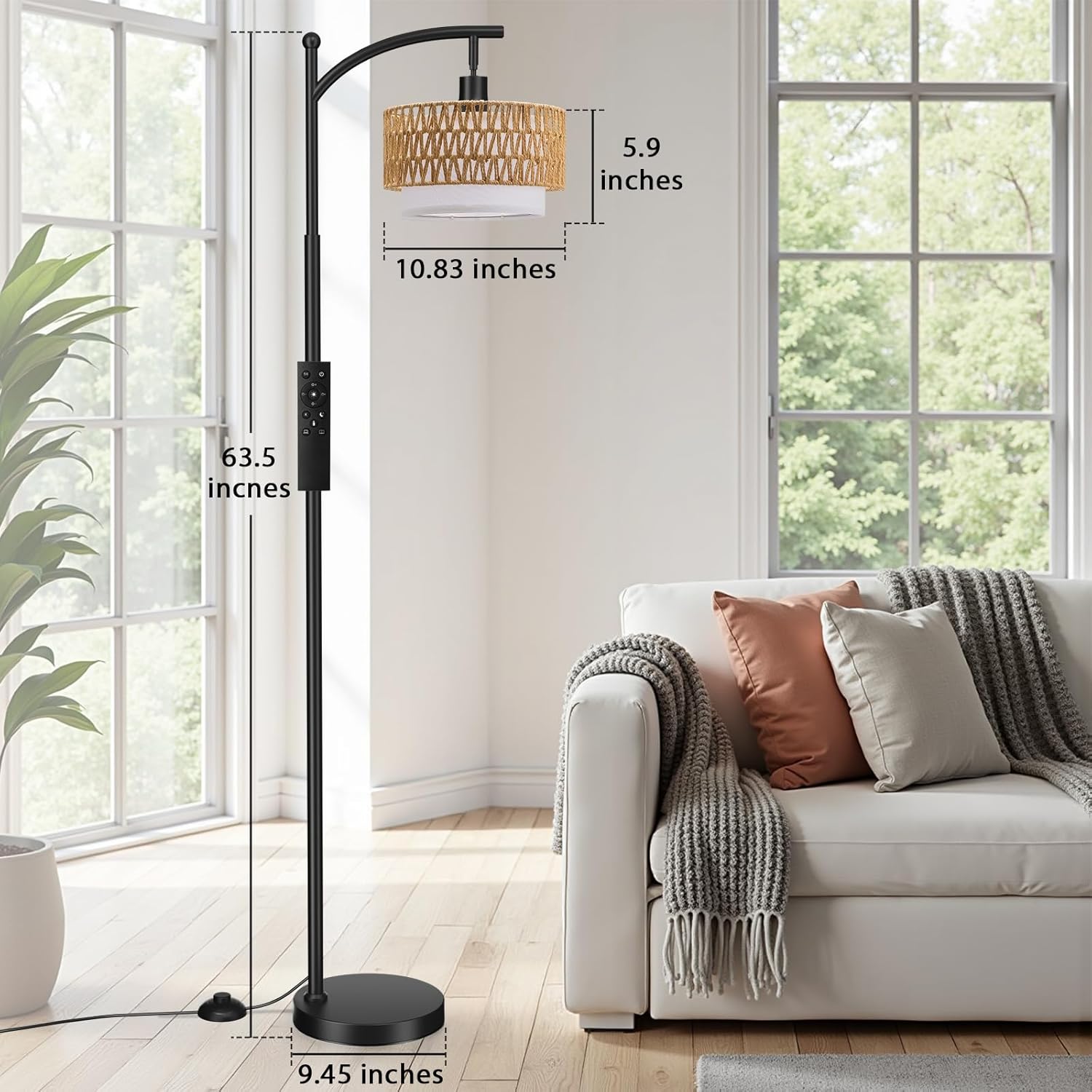 Ambimall Arc Floor Lamp for Living Room with Remote, Boho Standing Lamp with Rattan & Linen Shades, Color Temperature & Dimmable Bulb, Farmhouse Tall lamp for Bedroom, Office(Black)