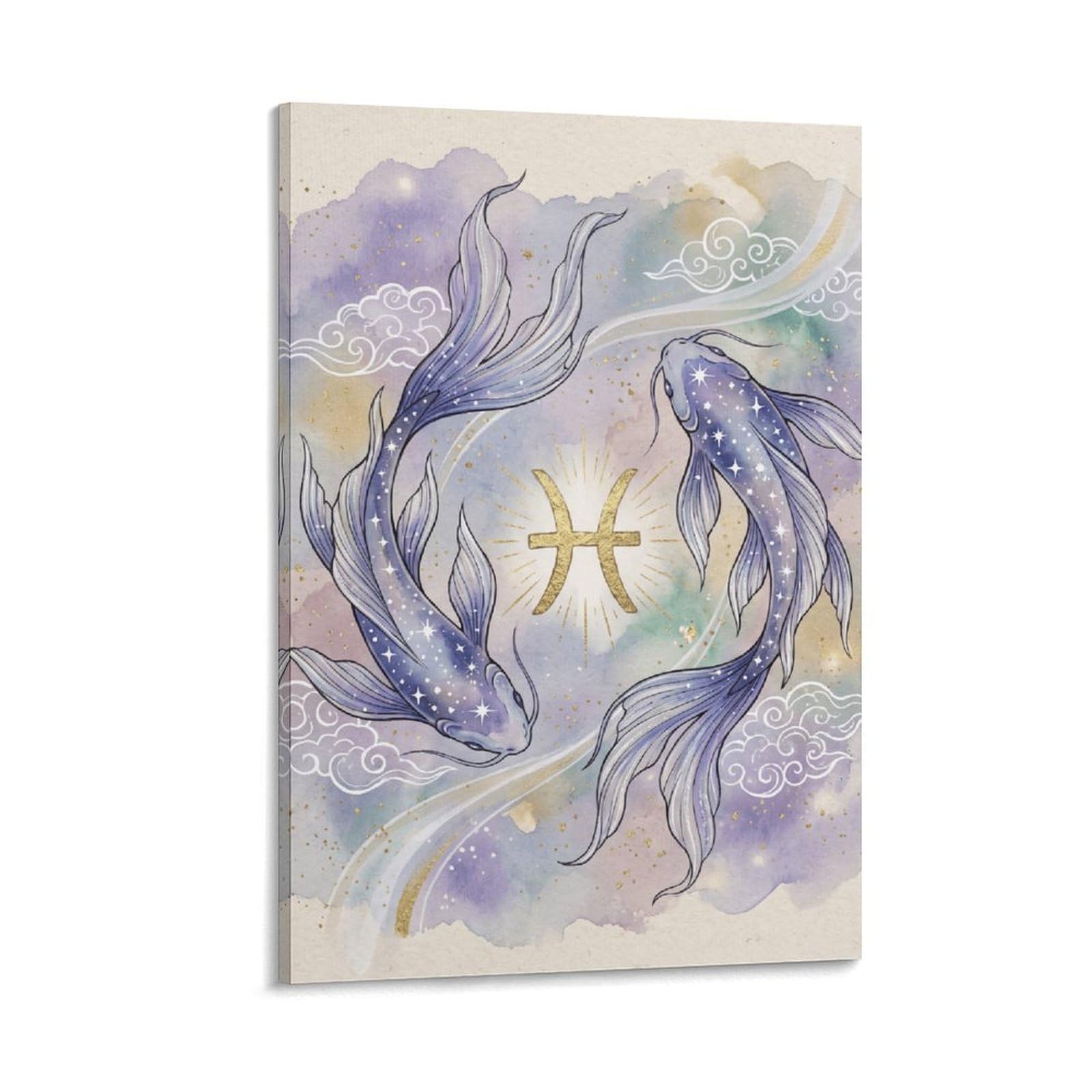 H3B8U2Y5 Pisces Koi Watercolor Canvas Wall Art, Modern Oriental Artwork
