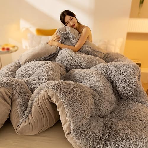Miniatura 4 de Lujoso edredón de felpa de pelo sintético grueso, juego de edredón de invierno pesado, moderno, casual, ultra suave, para todas las estaciones, 1
