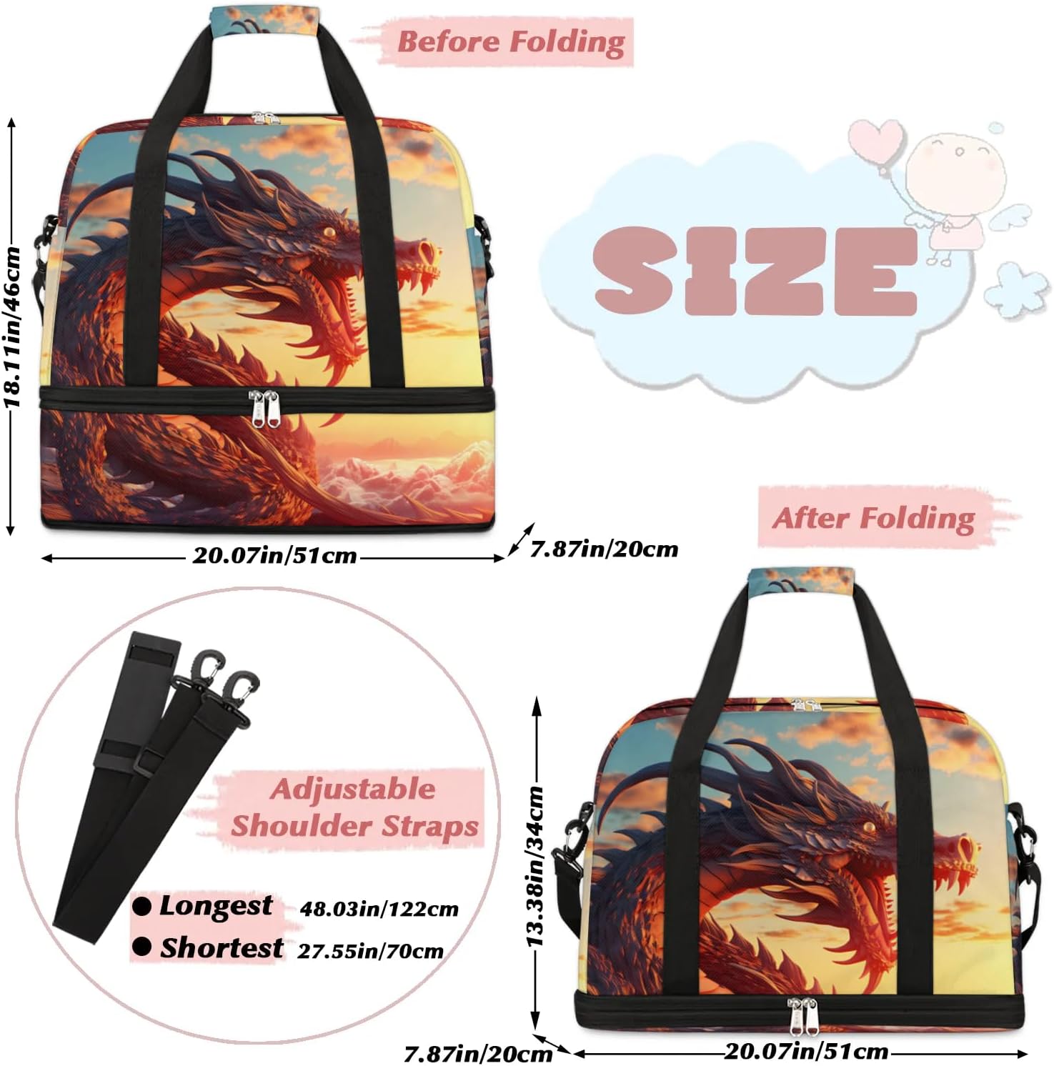 Travel Duffle Bags With Shoes Compartment for Women Men Cartoon Animal Dragon Lightweigh Sports Tote Gym Bag Foldable Canvas Weekender Overnight Carry On Luggage Handle Bag