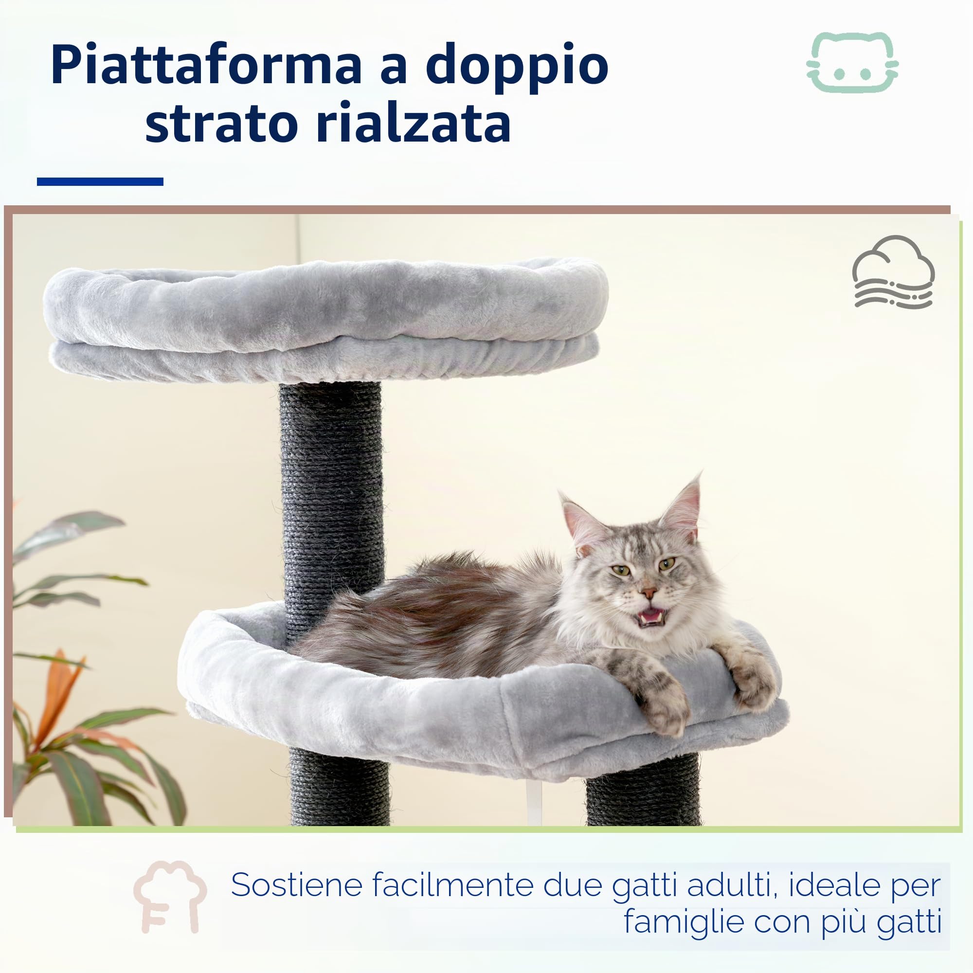 Hey-brother Tiragraffi per Gatti, Colonna sisal 11cm spessa, Amaca, MPJ01W | 168cm Albero per Gatti, 2 Piattaforme, Cesta, Cuccia, Spazzola per animali, Ideale per Maine Coon da interno, Grigio Chiaro