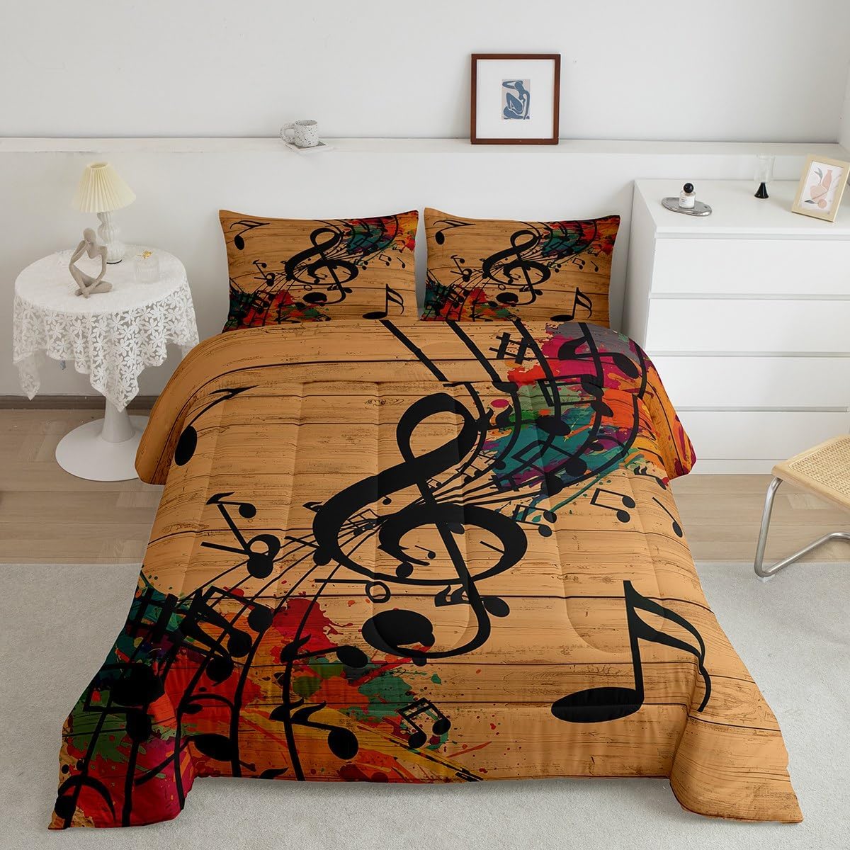 Erosebridal Music Notes Comforter Set King Size for Kids Teens Adults,Graffiti Music Art Bedding Set,Vintage Retro Comforter for All Season,Wooden Plank Quilt Set