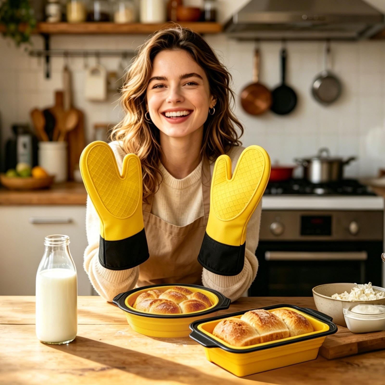 Genérico Juego de Moldes de Silicona para Hornear Apilable y Flexible | con Guante, Rasqueta y Cepillo Set Antiadherente para Hornear para Magdalenas, Galletas, Cupcakes, Huevos, Donuts, Beicon,