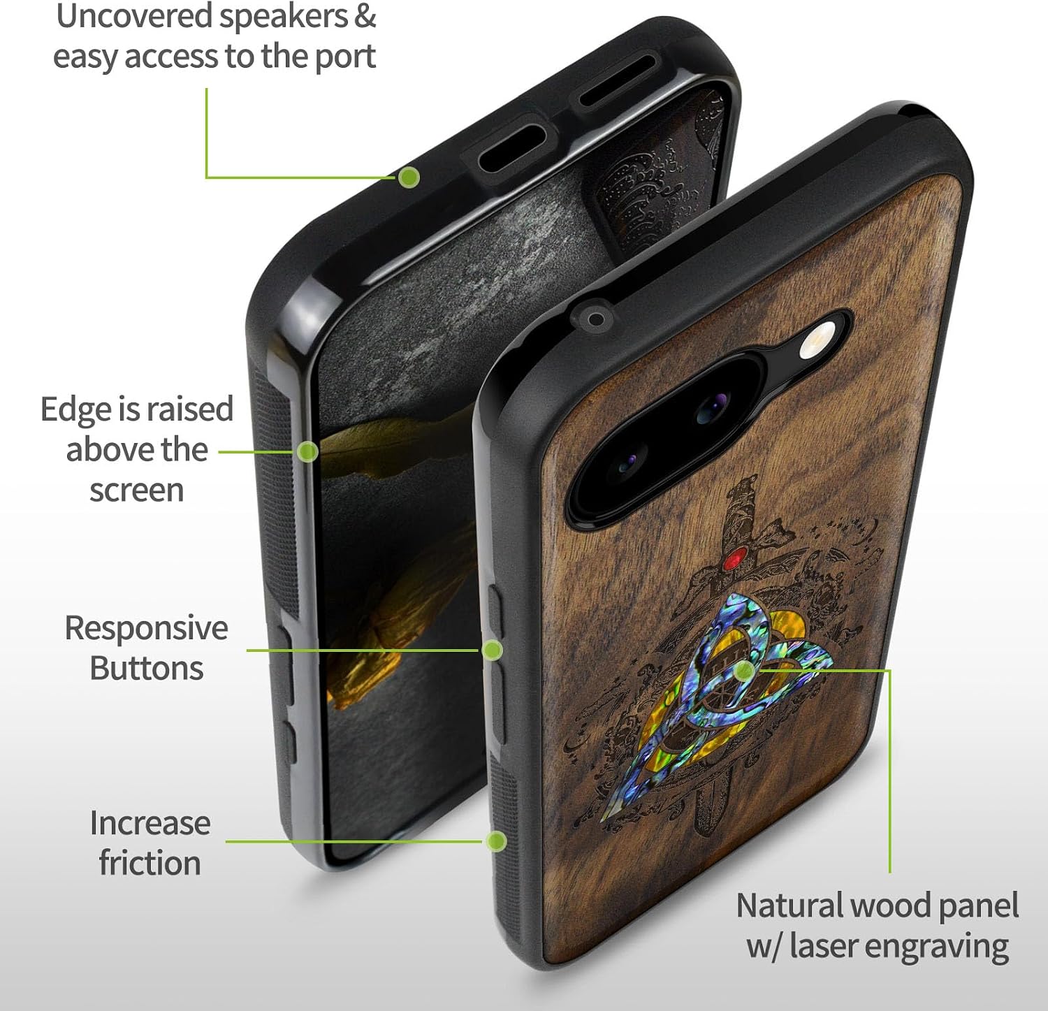 Carveit Magnetic Wooden Case for Google Pixel 9a Case, Wood Artisan Engraved & Handmade Shell Inlaid, Compatible with MagSafe Wireless Chargers (Norse Emblems) Walnut