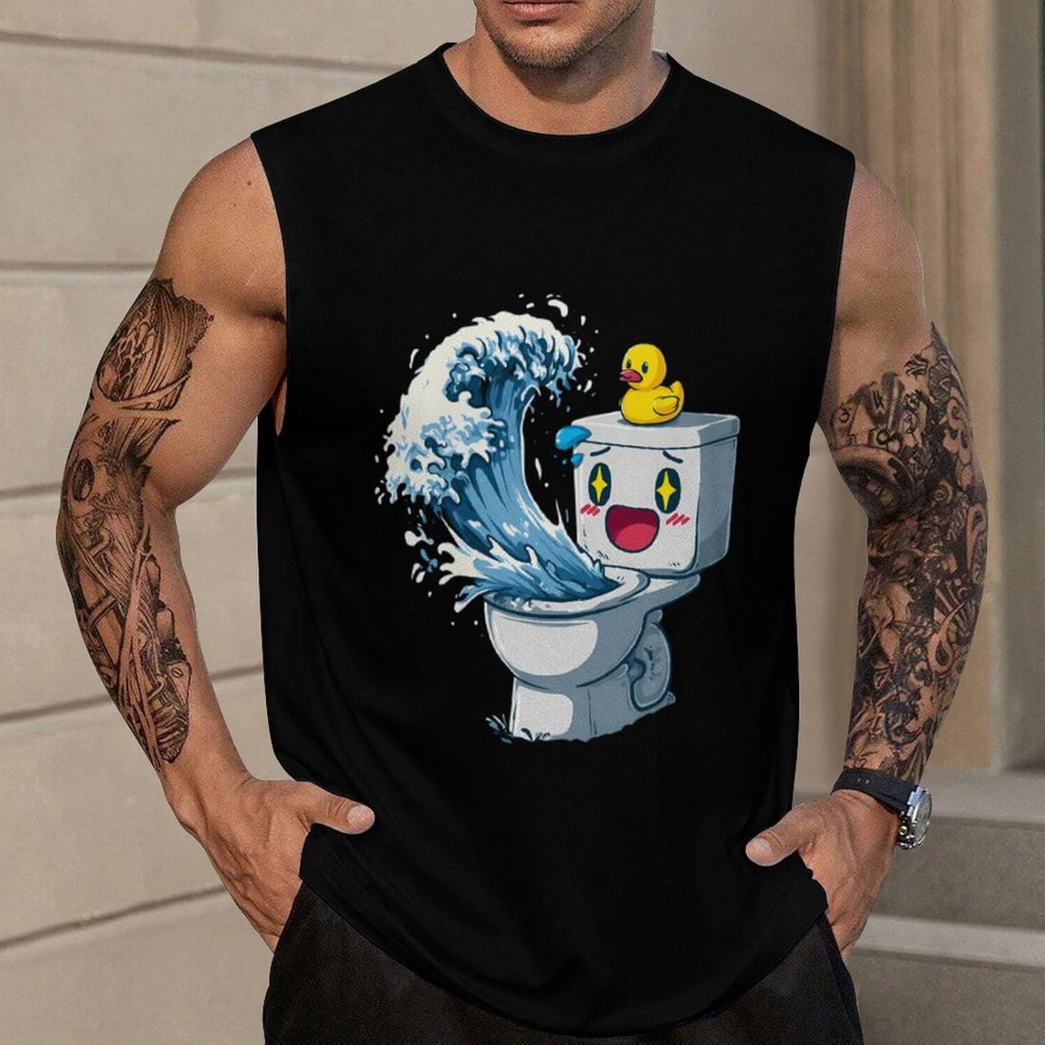 Rubber Duck Toilet Giant Waves Men Summer Sleeveless Crew Neck Top 5XL