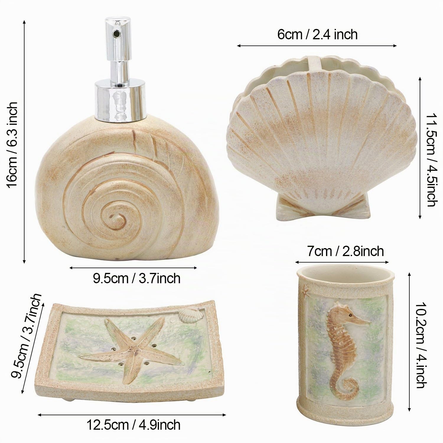 Set di 5 conchiglie da spiaggia con dispenser per sapone, portasapone, bicchiere, portaspazzolino, set in poliresina avorio per uomo, donna, bambini