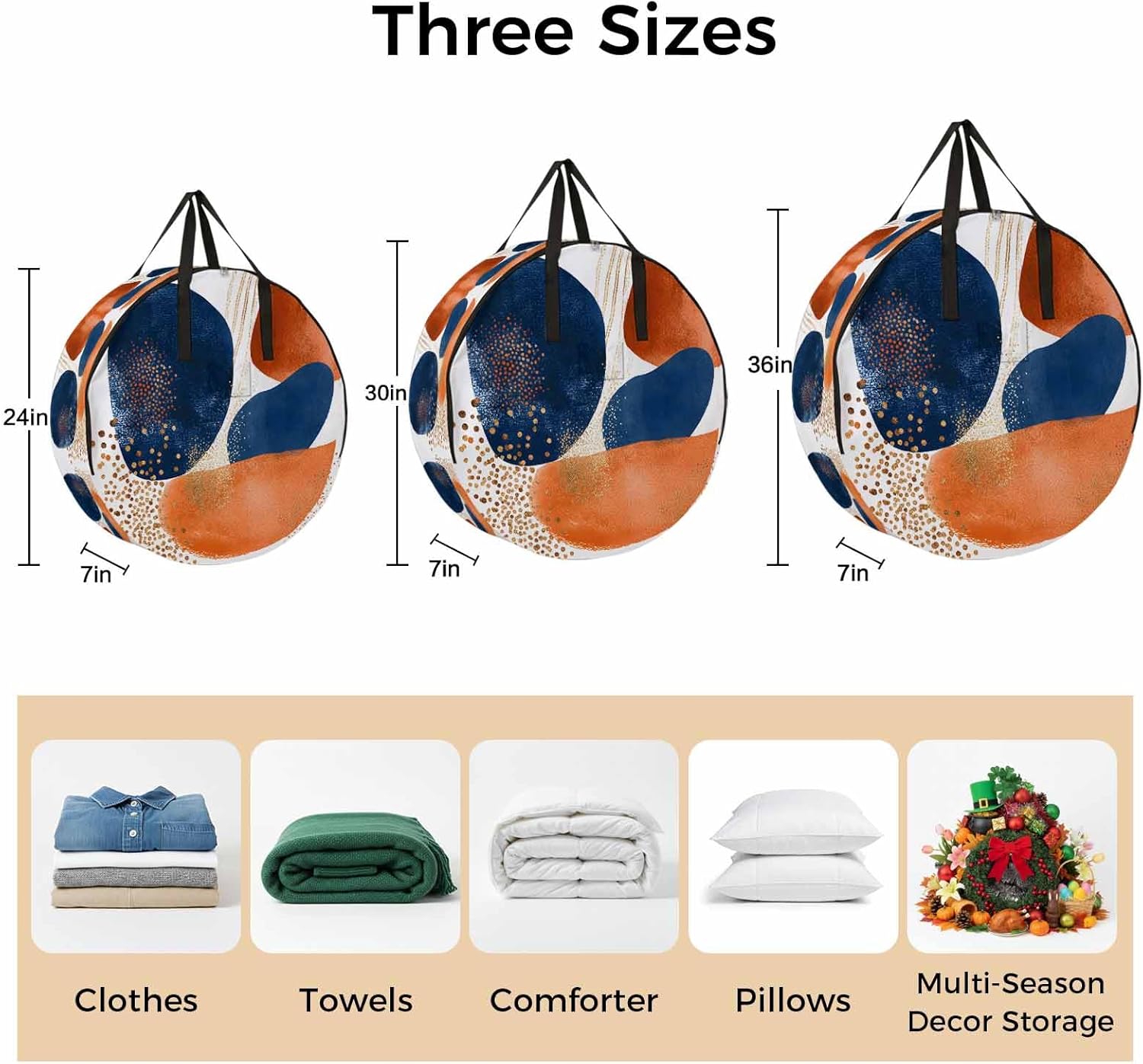 Abstract Graffiti Round Storage Bag 36 Inch, Vintage Orange Blue Dot round Shape Clothes Storage Container with Handles Heavy Duty Organizer for Comforter, Bedding & Holiday Wreaths