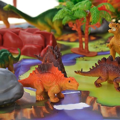 Miniatura 2 de PowerTRC Juego de figuras de dinosaurio con árboles, rocas, tapete de juego y contenedor para niños y niñas  Crea un parque de dinosaurios con un