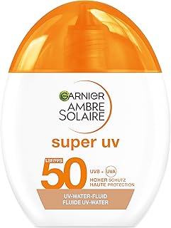 Garnier Ambre Solaire Super UV UV-Water-Fluid LSF 50 – Getönte Sonnencreme für das Gesicht – 12h Frische & Dry-Touch Effekt – Zieht schnell ein, strahlender Glow & nicht fettend – 40ml