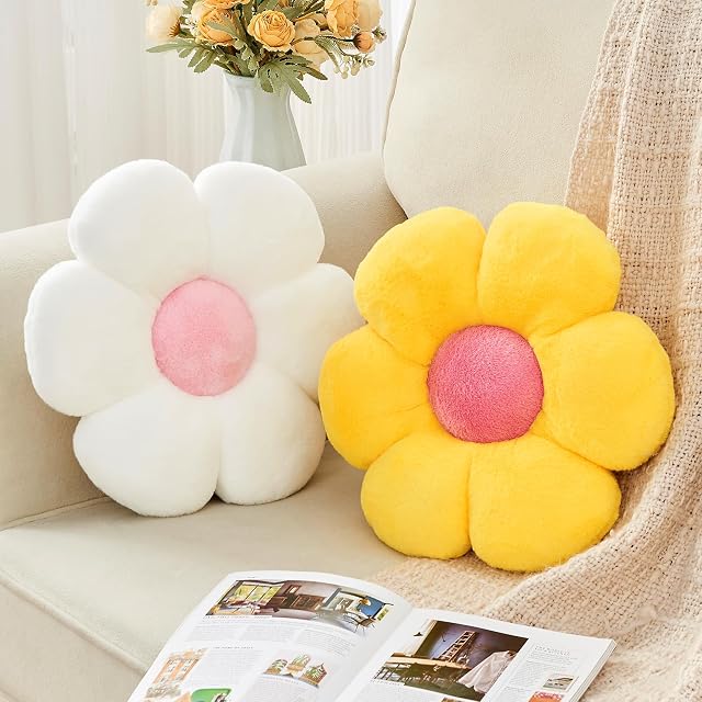 Gowwye 2 Pcs Flower Throw Pillow 15 7 Daisy Flower Shaped Pillows Set with Faux Rabbit Fur Soft