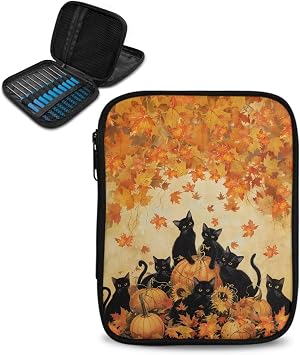 Hechitok Black Cats Pumpkin Leaf Crochet Hooks Case Zipper Bags Portable Crochet Storage Bag with Web Pocket and Crochet Holder Slots for Carrying Various Crochets Needles