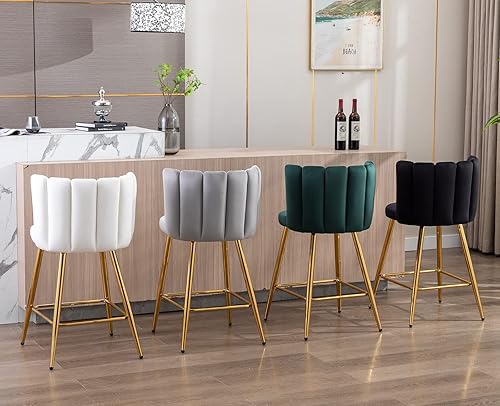 Miniatura 7 de ZSARTS Juego de 2 taburetes de bar de terciopelo crema, de 26 pulgadas, modernos taburetes de bar dorados con respaldo tapizado, sillas de isla de
